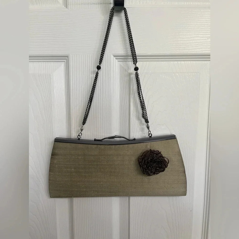 Vintage Liz Soto Flower Chain Kiss Lock Handbag Purse Textured Silk Beaded